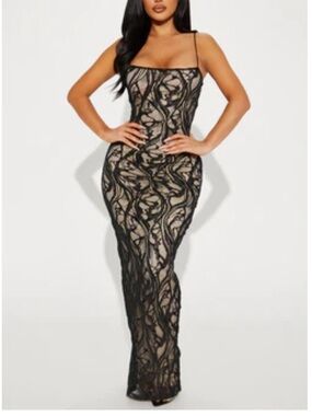 Fashion Nova Black Lace Overlay on Nude Maxi Dress